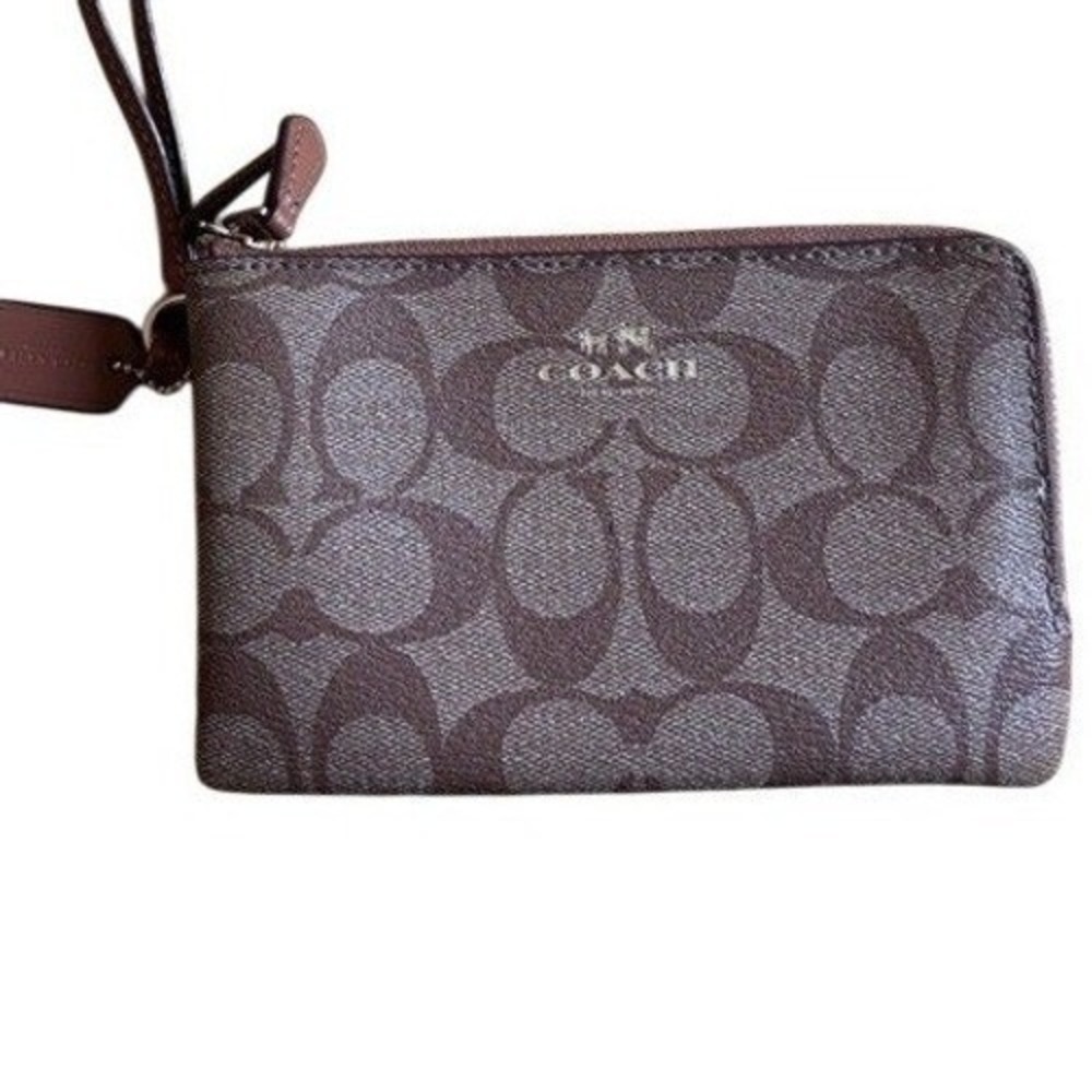 Coach Double Zip Wristlet in Signature Canvas Brown Khaki F58035 Gold Hardware
